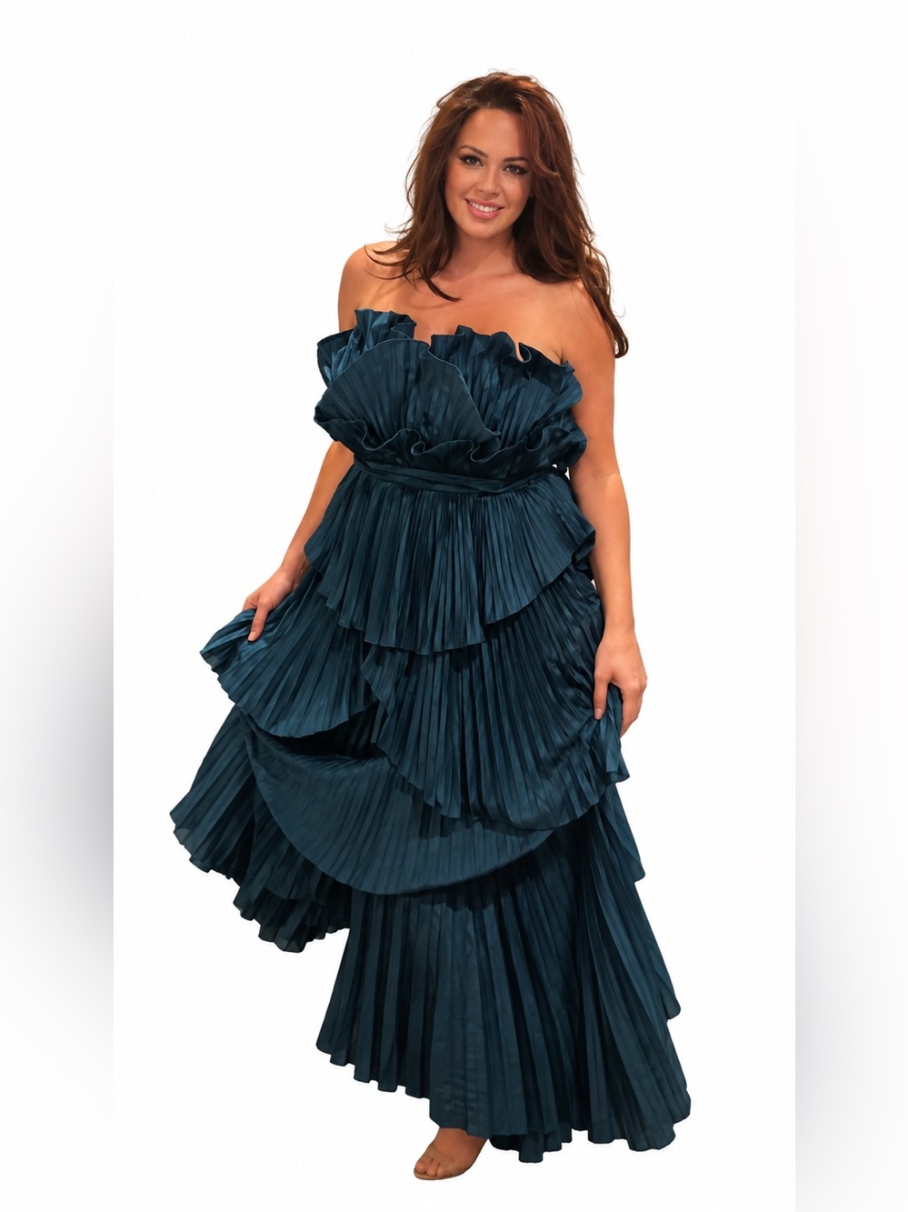 AMUR Strapless Layered Pleated Gown - Deep Teal